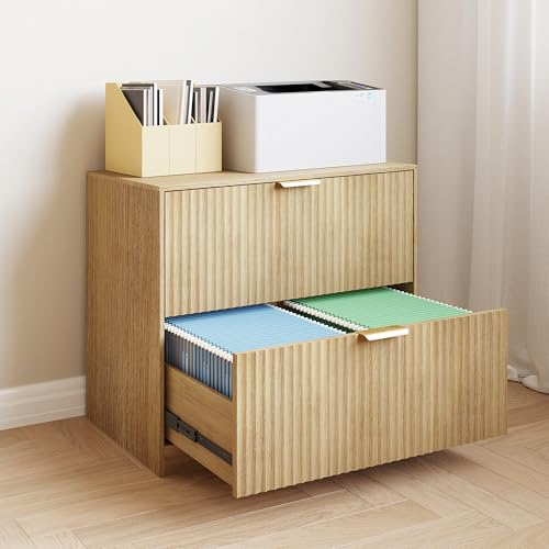 WTWEGMDGE Double Drawer Horizontal File Cabinet,Modern Wood Fluted Home Office File Cabinet Printer Stand with Three-Level Adjustable Hanging Rails for Legal/Letter/A4 Size Documents (Wood)