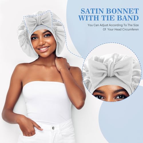 Abeillo Satin Sleep Bonnets for Women 1PC Satin Night Sleeping Cap Soft Silk Bonnets for Sleeping Hair Bonnet with Tie Band for Curly Hair Braid Women (White) - Image 4