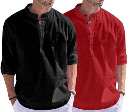 Image of Men's Cotton Blend Straight Kurta Shirt Combo with Mandarin Collar - Slim Fit Casual Short Kurti Set Featuring Textured Slub Fabric and Roll-Up Full Sleeves