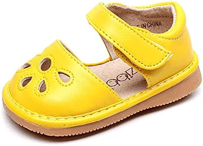 UBELLA Toddler Sandals Squeaky Shoes Flower Punch Mary Jane Toddler Girl Flats (Removable Squeakers),Yellow,2M US Infant