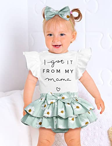 Adifun Baby Girl Clothes,9-12 Months Baby Girl Summer Clothes Outfit,Baby Girl Romper Sets I Get It From My Mama Ruffle Short Sleeve Top + Daisy Print Shorts+ Bow Hairband 3Pcs Set #TOP2