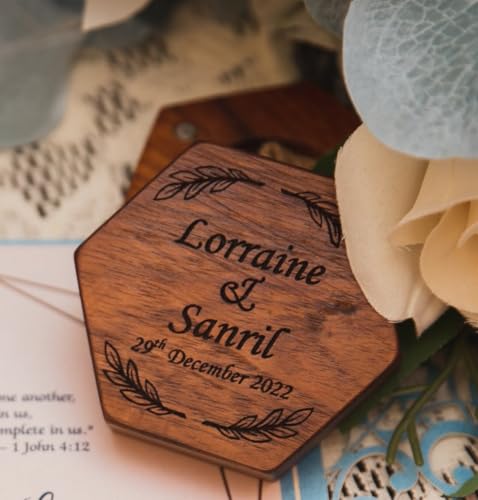 Image of Custom Engraved Hexagonal Wooden Ring Box for Wedding Ceremony, Hexagonal Solid Wood Wedding Ring Holder