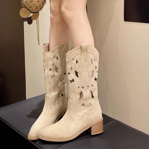 Cowboy Western Boots for Women Slip-On Vintage Hollow Out Slouchy Suede Boots Mid Calf Western Pointed Toe Cowgirl Boots2
