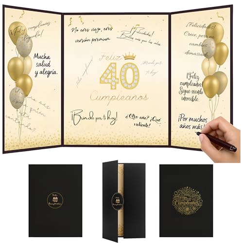 EQUIK PRODUCTS Tarjeta de Felicitación 40 Cumpleaños | Tarjeta 3D Plegable con Mensajes | Diseño Elegante Dorado | Álbum de Firmas para 40 Años | Regalo para Hombres y Mujeres (40 Cumpleaños)