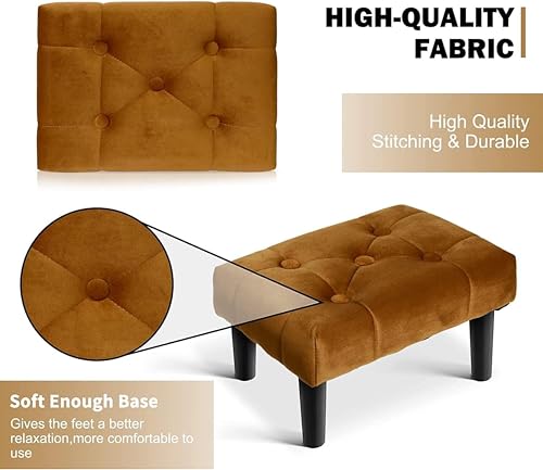 Image of Small Velvet Soft Foot Rest Footstool Ottoman with 4 Wooden Legs, Additional Seating Sofa Footrest for Living Room Entryway Set of 2 Brown