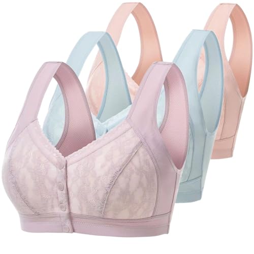 3 Pack Medium Elderly Women Button Front Closure Bras Wireless Cotton Everyday Soft Cup (no Pads) Bras (42BC)