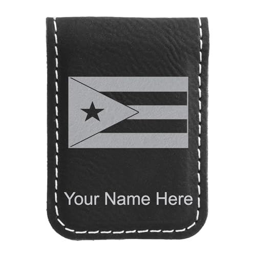LaserGram Slim Magnetic Money Clip, Flag of Puerto Rico, Personalized Engraving Included (Black with Silver)