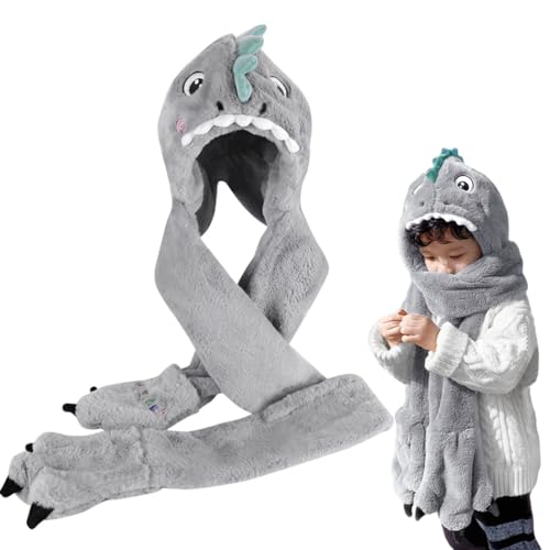 Kids 3-in-1 Hooded Hat Gloves Scarf Set,Cute Dinosaur Faux Fur Hat Plush Warm Earflap Beanie for Boys Girls2
