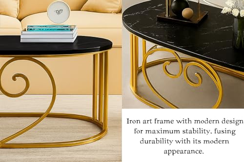 Image of Oval Accent Metal Centre Table with Marble Look Coffee Tables with Engineered Wood Top and Metal Frame, Contemporary Table for Office, Bedroom, or Living Room Golden Black