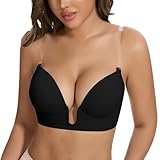 JOYSHAPER Plunge Bra for Women Backless Push Up Bras Low Cut Padded Bras Shaper Convertible with Clear Straps Dress Bra Black L