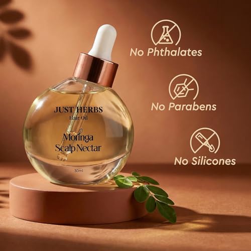 Image of Just Herbs Hair Oil Moringa Scalp Nectar | 99% Active Oil Infused | Silicone Free, Paraben Free, | Damage Repair, Hair Breakage | For hair growth Men & Women - 30ml