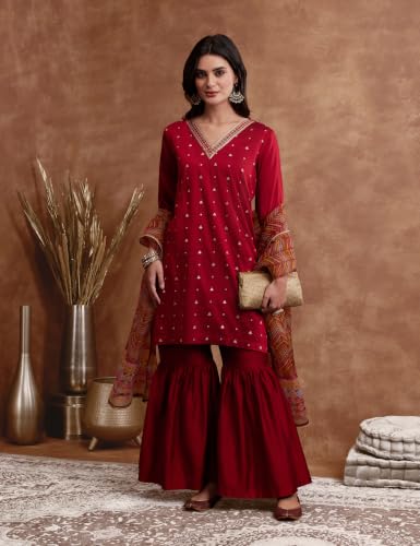 Image of Amazon Brand - Myx Women's Straight Kurta Set with Sharara Pant | Printed Dupatta | Sharara Suit Set with Dupatta (Available in Plus Sizes)