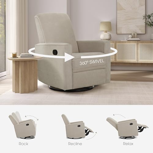Image of Evolur Raleigh Upholstered Manual Glider Recliner- Rocking & 360 Swivel with Smooth Glide - Greenguard Gold & FSC Certified - Modern Nursery and Living Room Chair in Tan