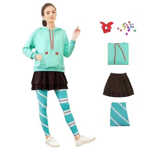 Bvxmsel Vanellope Von Schweetz Costume Women Drawstring Hoodie Skirt Striped Legggings Hairtie Adult Halloween Cosplay Suit 2XL