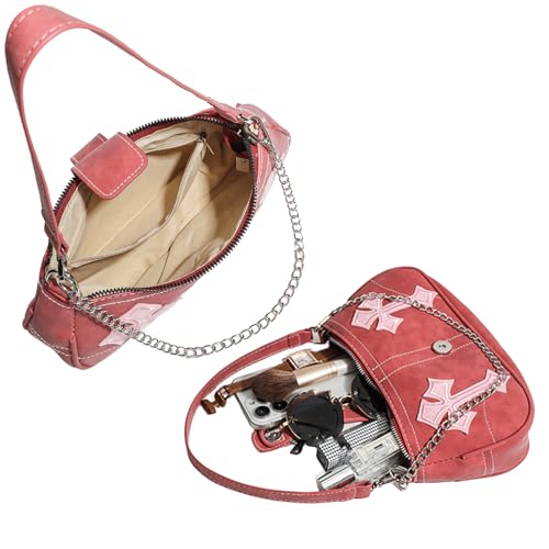 Suede Purse Pink Y2k Cross Studded Purse Gothic Halloween Suede Bag Lightweight Hobo Punk Shoulder Bags Trendy Everyday 20253
