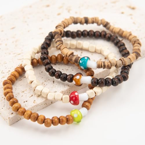 4-Piece Set of Unique Wooden Mushroom Beaded Elastic Bracelets - Unisex, Rustic Bohemian Style, Multi-Color,Good Gifts for Mom,Dad, Boyfriend, Girlfriend, Best Friend,Roommate or Classmate.4