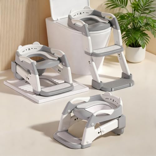 Potty Training Seat with Step Stool Ladder, 3-in-1 Toddler Potty Training Toilet Seat for Boys Girls, Height Adjustable Foldable Toddler Potty with Splash Guard, Non Slip Pad and Safety Handles(Grey)