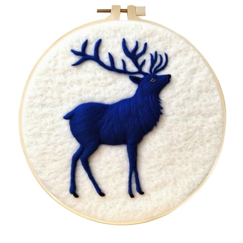 yesJRL Deer Needle Felting Kits, Wool Felting Kit with Picture Frame, Foam Pad and Felt Cloth, Beginner Needle Felt Painting Kit for Home Decoration (Blue)