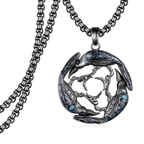 Raven Necklace 925 Sterling Silver Turquoise Raven Pendent Necklace Viking Jewelry Gifts for Men Women