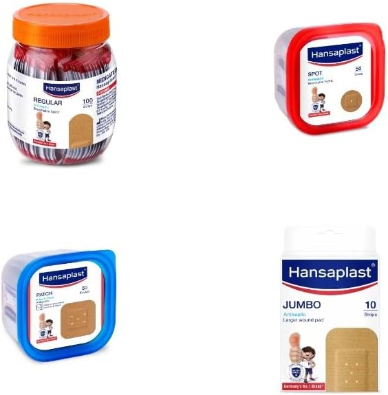 Regular Ventilated 100 Strips Jar- Hansaplast Spot 50pcs- Hansaplast Patch 50 pcs with Hansaplast Jumbo XL 2x10=20pcsCombo