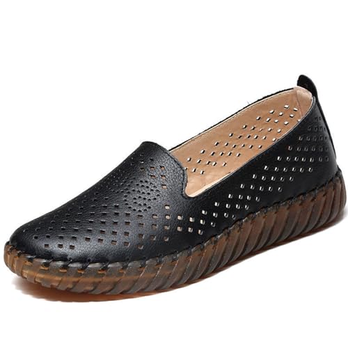 Image of Women's Handmade Leather Casual Beef Tendon Soft Sole Loafers Comfortable Round Toe Breathable Oxford Arch Support Walking Shoes