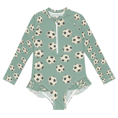 Vintage Soccer Ball Girls Long Sleeve Swimsuits One Piece Zipper Bathing Suit UPF 50+ Rashguard Swimwear