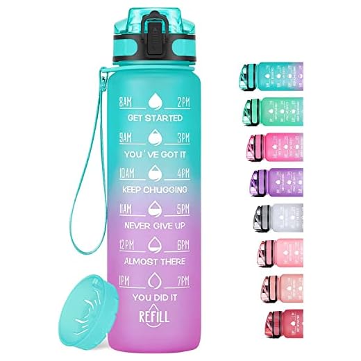 MEITAGIE 32oz Motivational Water Bottle with Time Marker & Fruit Strainer, Leak-proof BPA Free Non-Toxic 1l Bottle with Carrying Strap, Perfect for Fitness, Gym and Outdoor Sports (Ombre: Mermaid)