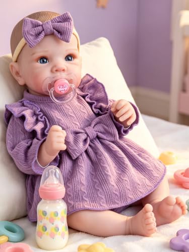 Image of EKOKIZ Lifelike Reborn Baby Doll 20 Inch, Realistic Newborn Girl with Purple Dress & Soft Vinyl Limbs, Handmade Companion for Anxiety Relief, Dementia Therapy & Emotional Support