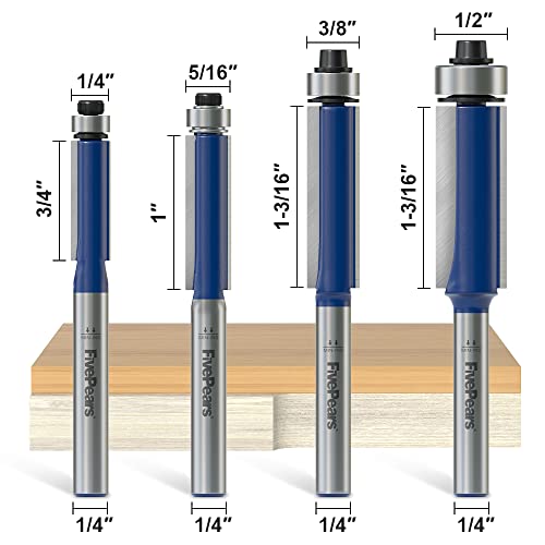 Fivepears 4Pcs Flush Trim Router Bits Set 1/4 Inch Shank, Bottom Bearing Flush Cut Trim Router Bit For Woodworking, 1/4", 5/16", 3/8", 1/2" Diameter #TOP1