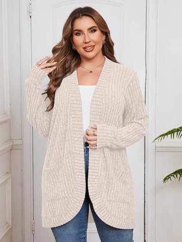 Image of BELAROI Women Plus Size Cardigan Sweater Fall Outfit | Open front long cardigan, lightweight sweater, versatile layering tops for fall winter, daily wear, outdoor, office clothes
