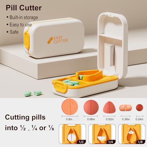 Image of Pill Cutter | Pill Splitter for Small Large Pills | Design in The USA| Cuts Vitamins |- Adjustable Splitter+V-Shape Holder & Detachable Pad, Easy to Clean, Safe for Seniors, Kids, Pets Orange