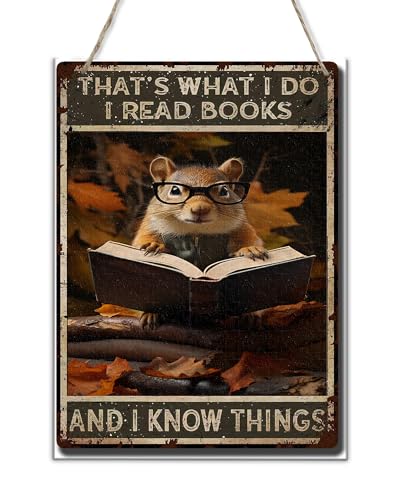 CDSASHCA Cute squirrel reading book wooden hanging board,Home Study decor School library Wall Art Plaque,Book room,Cafes,bathroom decoraiton Vintage Wood Poster Signs,Gifts for animal lovers 6x12 inch
