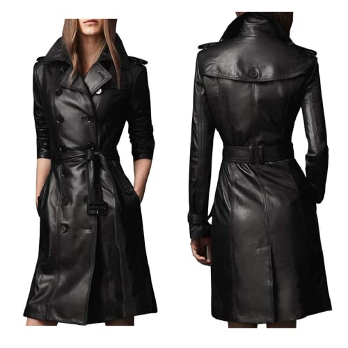 Women Designer Black Trench Leather Long Coat With Belt Trench Coat Slim Fit Style For Ladies (Large) #TOP2