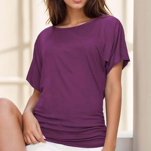 Blusa feminina Dolman de cor sólida, básica, manga curta, gola canoa, verão, casual, folgada, com fr