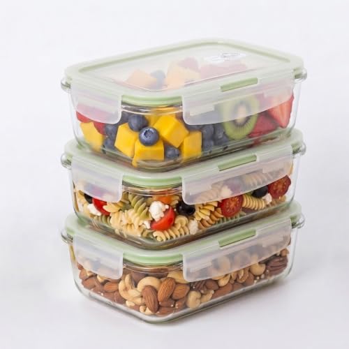 Image of Borosilicate Food Glass Containers with Air-Vent Lids, Rectangular | 700 ml Each, Set of 3 | Airtight & Leakproof | Microwave, Freezer & Dishwasher Safe for Kitchen, Fridge and Lunch