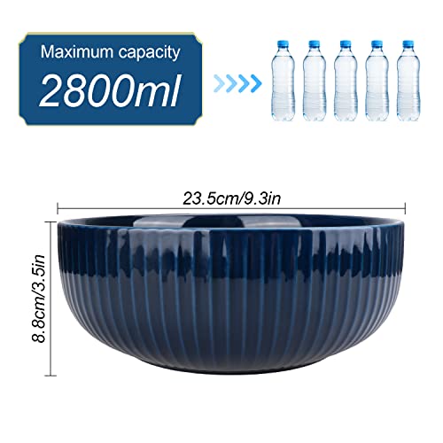 Uuemb Extra Large Salad Bowl, 2800Ml Ceramic Fruit Bowl, Stylish Navy Blue Bowl Round Vertical Stripe, Soup Bowl, Serving Bowl For Salad, Fruit, Noodle, Soup(23.5X8.8Cm, 95Oz) #TOP2