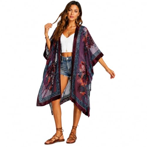 Image of Women's Burnout Velvet Kimono Long Cardigan Cover Up Casual Outfit