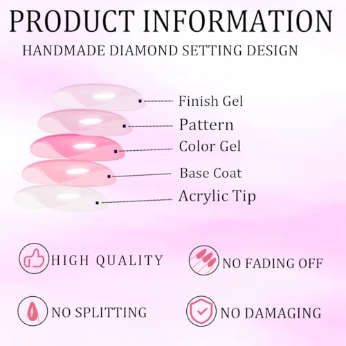 24 piezas de uñas acrílicas postizas largas tipo coffin con brillo ombré rosa cromado y diseño de pedrería para mujeres y niñas miniatura 5