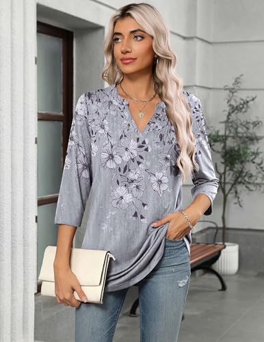 Zeagoo Womens 3/4 Length Sleeve Tops V Neck Tunic Casual Dressy Blouse Floral Printed T Shirts3