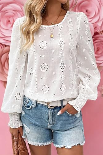 Women's White Eyelet Embroidered Sheer Blouse with Smocked Cuffs4