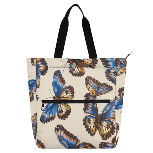 Amooorous Bolsa de mano decorativa para niños, bolsa de piano para niños y niñas, diseño de mariposa azul y marrón, grande, reutilizable, bolsa de comestibles para la escuela, compras, playa, arco