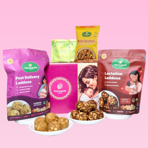 Paaramparik Post Delivery Hamper|New om Gifts| Gond Laddu Lactation Laddu, Roasted Millets Namkeen, Herbal Tea Set| Dry Fruits, Shatavari (Mom Hamper)