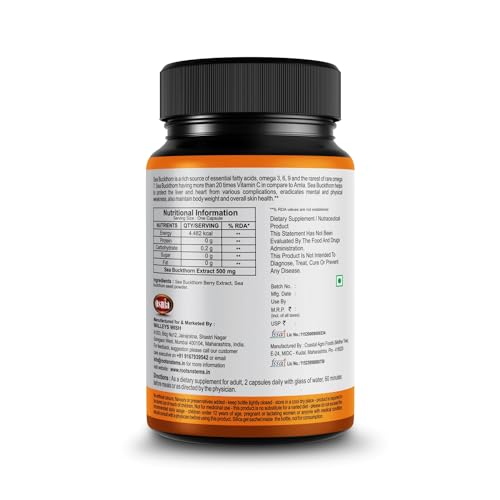 Image of Sea Buckthorn Extract Capsules 500 Mg | Berry Powder Capsule | Rich Source of Vegan Omega 3 6 7 & 9, Supports Digestions, Cardiovascular Health & Liver Detox - 60 Capsules (Pack of 6)