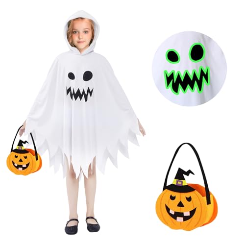 NebulaGlam Disfraz de Fantasma Blanco, Disfraz Infantil de Fantasma Unisex con Luminoso, Capa de Halloween Bolsa de Calabaza para Niñas Niño para Fiestas Carnaval Halloween Fiesta Temática