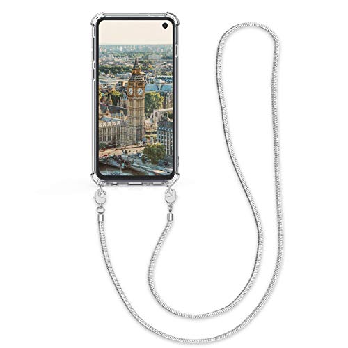 kwmobile Crossbody Case Compatible with Samsung Galaxy S10 - Clear Transparent TPU Phone Cover Holder with Metal Chain Strap - Silver/Transparent