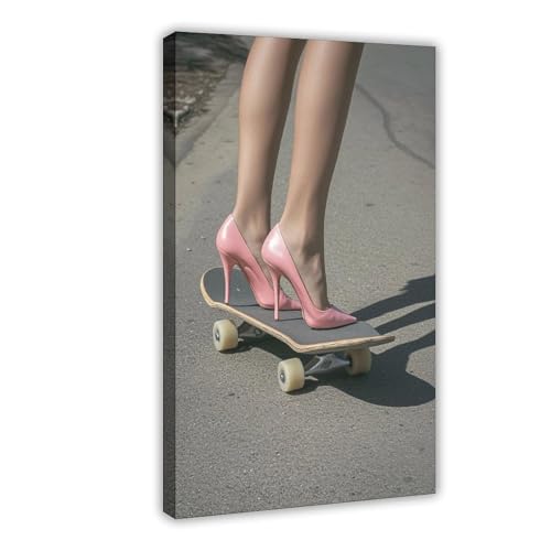 Poster talons roses sur planche à roulettes pour mur vide et terne