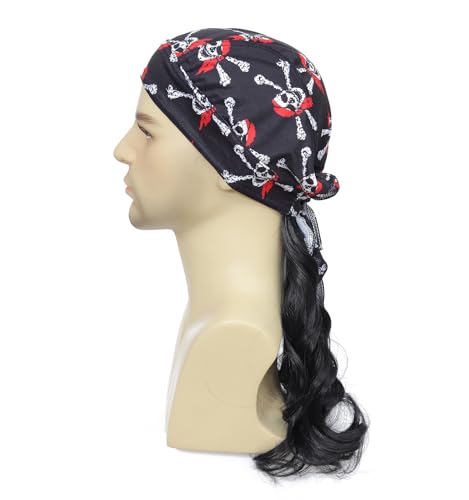 Image of Skull Bandana Mullet Wig for Men Women,80s Retro Wig with Pirate Durag, Perfect for Halloween, 4th of July, Country Concert, Biker Redneck Costume (Black)