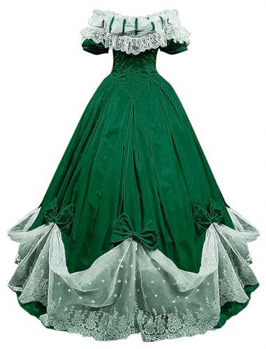TRHTX Plus Size Puffy Sleeve Victorian Dress Green Satin 1900s Renaissance
