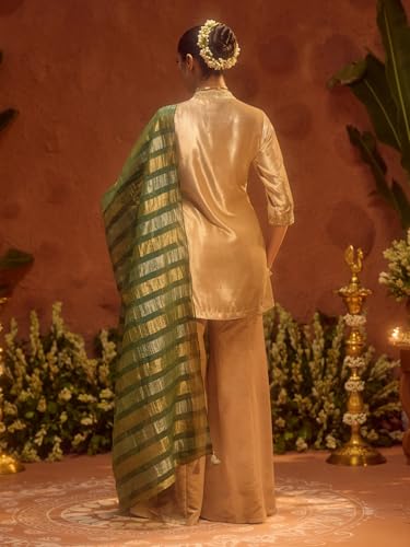 Image of FIORRA Women Beige Ice Velvet Embroidered Kurta Set with Dupatta