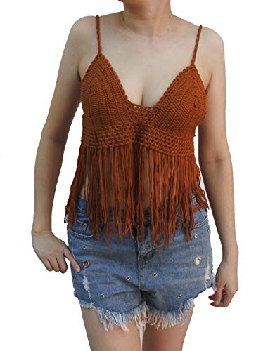 Marpressel Women's Solid Colour Hand Crochet with Tassel Top Vest Beach Bikini Bra (Tobacco, S/M)